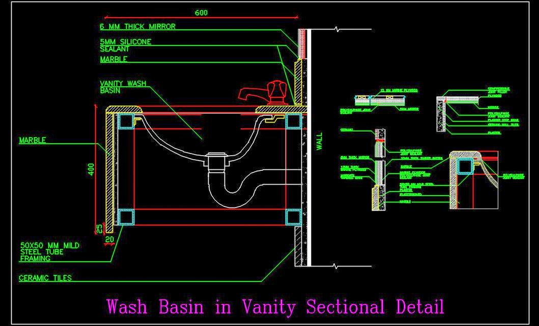 Under-Counter Washbasin CAD Detail with Vanity and Mirror